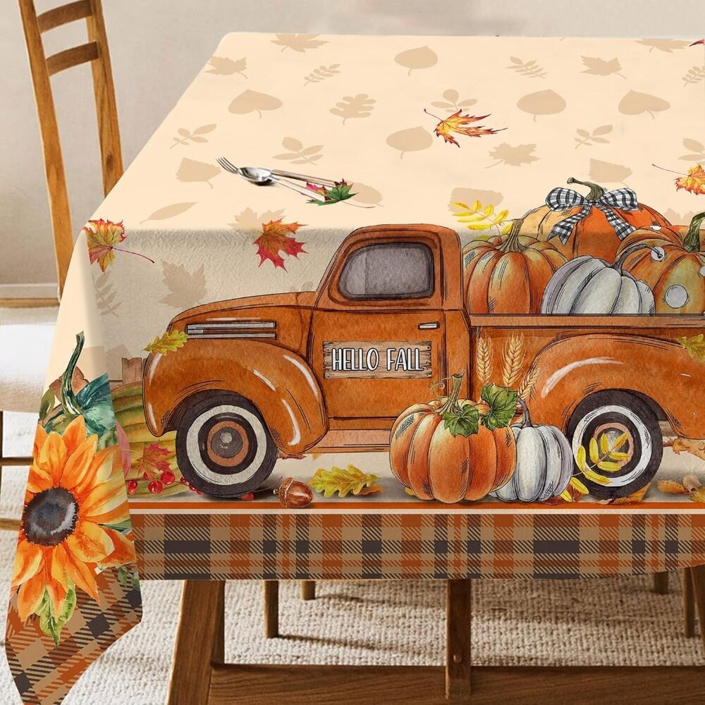 Fall Tablecloth Rectangle 50 x 70 Inches, Fall Table Cloth, Autumn Pumpkin Red T
